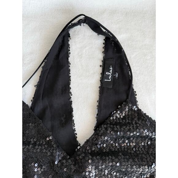 Lulus Womens Cocktail Black Sequins Dress Large Back Halter Holiday Party Goth - Picture 9 of 16